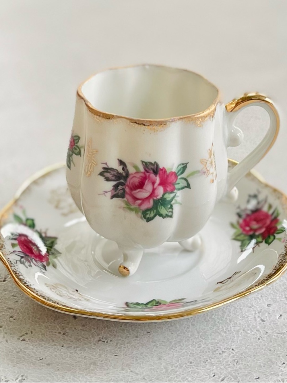 Lefton China Hand Painted Footed Tea Cup & Saucer Pink Roses Floral & Gold